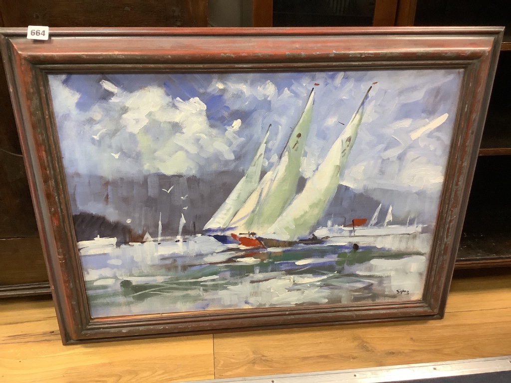 Aubrey Sykes (1910-1995), oil on board, Yachts racing Firth of Forth, signed with label verso, 50 x 71cm